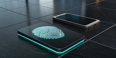 Futuristic fingerprint scanner on a dark reflective surface with a smartphone nearby.