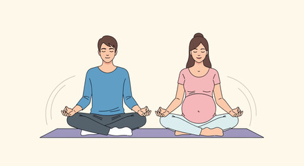 Serene pregnant couple meditating together for wellness and calm, promoting relaxation and mindfulness through yoga on a mat, fostering health and serenity