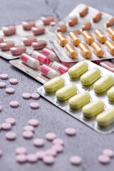 Variety of medicines and drugs.Medicine and healthcare concept.Variety of medicines and drugs.Medicine and healthcare concept.Pill for the prescription and treatment various diseases chemistry