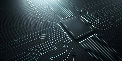 Close up of a central processing unit on a detailed electronic circuit board with glowing lines.