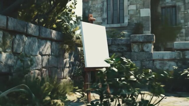 An empty canvas on an easel stands against a stone wall, surrounded by foliage and a building
