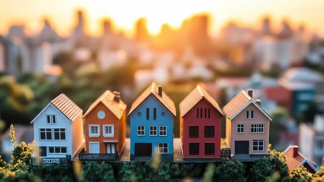 Miniature Model Houses Displayed at Sunset