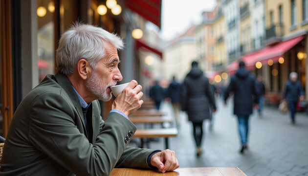 Elderly man drinking coffee while sitting at café table outdoors - Powered by Adobe