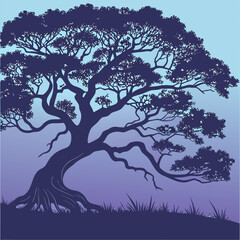 Vibrant blue graphic illustration of a large old tree with intricate branches and a lush canopy in a tranquil landscape
