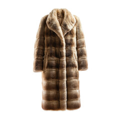 Full-length, plush coat. Vertical panels, large lapels, neutral color, studio shot