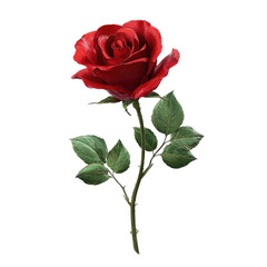 A realistic, isolated illustration of a red rose with a green stem and leaves against black