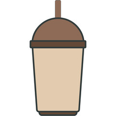 Simple brown and beige disposable coffee cup with a straw and a lid on a transparent background, clean vector illustration