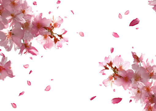 Delicate pink blossoms and falling petals contrast with a stark black background