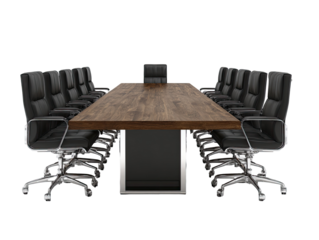 A long wooden conference table surrounded by numerous black leather chairs against a dark background