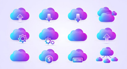 Fototapeta premium Cloud computing icons depicting storage, download, upload, settings, and network connections