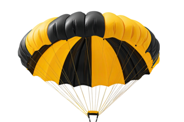 A colorful, partially open parachute with alternating black and gold panels. Black background