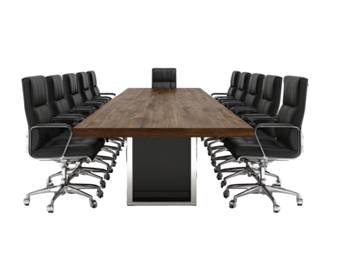 A long wooden conference table surrounded by numerous black leather chairs against a dark background