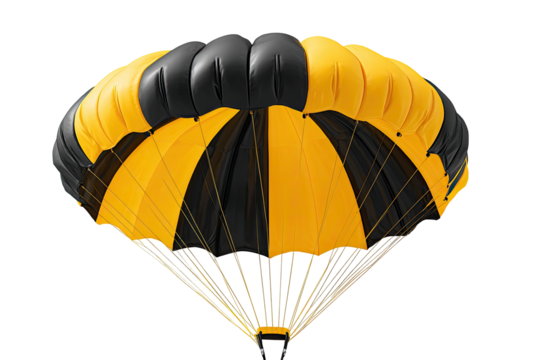 A colorful, partially open parachute with alternating black and gold panels. Black background