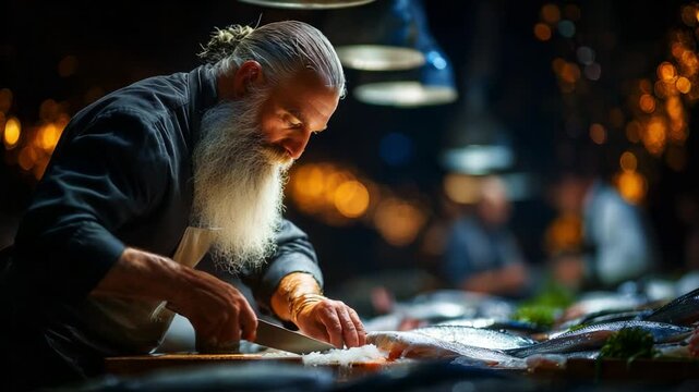 A master chef meticulously slicing fresh fish with precision in a beautifully lit kitchen, showcasing craftsmanship and dedication to culinary art that highlights the essence of gourmet cooking.