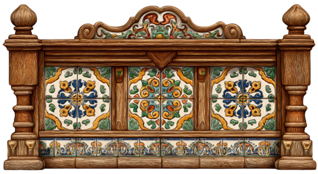 Ornate wood headboard with vibrant ceramic tiles depicting floral designs and detailed carvings
