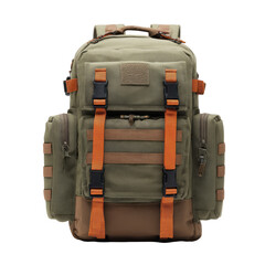 Olive green backpack with brown accents, orange straps, and multiple compartments, isolated