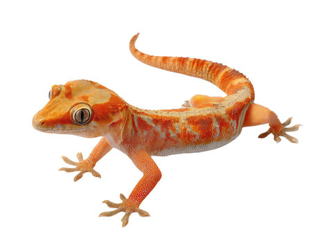 A vibrant, orange and cream gecko with detailed skin, facing left, against a black background