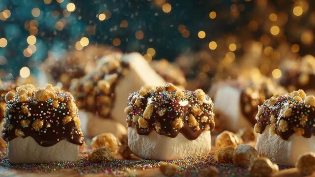 Enjoy delightful chocolate-covered treats topped with popcorn and sprinkles at a festive setting