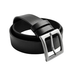 Curled black leather belt with a silver-tone buckle against a neutral background