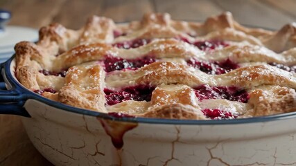 Close-up of a freshly baked berry pie with a lattice crust, steaming hot from the oven, in a rustic ceramic dish. - Powered by Adobe