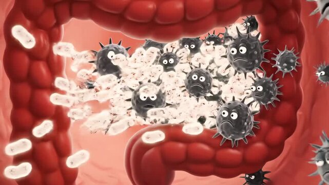 3D render of colon, with bacteria and virus figures, showing infection process