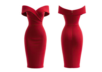 A vibrant red, off-shoulder, bodycon dress displayed in front and back views