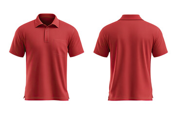 Front and back views of a red short-sleeved polo shirt with a pocket and collar, isolated