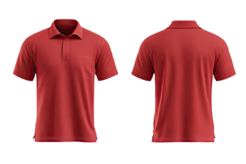 Front and back views of a red short-sleeved polo shirt with a pocket and collar, isolated