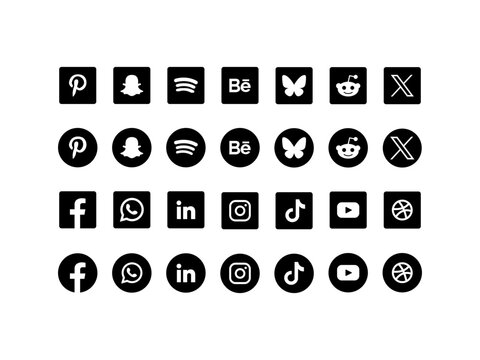 Set of flat Black Social Media and Communication Icons in Circle or Square Logo (SVG, Vector Format) - Isolated