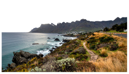 Coastal view ocean, mountains, vegetation, path, and small town