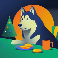 Husky eating Christmas cookies, Christmas and New Year illustration