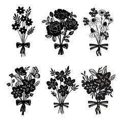 Bouquet of White Flowers silhouette on black background. Set of Vector Illustration.