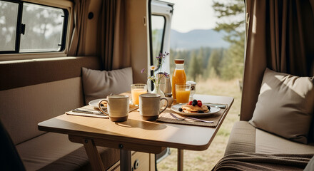 Cozy camper interior with breakfast table set for two in nature