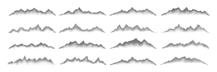 Grain noise stippled mountain range ridges terrain texture landscape vector illustration set. Grunge pointillism mountain range stipple landscape halftone effect shape sand texture.