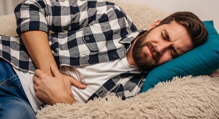 Upset Stomach And Abdominal Pain Depicted In A Stock Image Of A Man Suffering From The Side Effects Of Food Poisoning Or Irritable Bowel Syndrome Feeling Agonizing Pain
