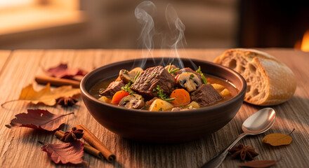 Hearty beef stew with vegetables and herbs on rustic wooden table  
