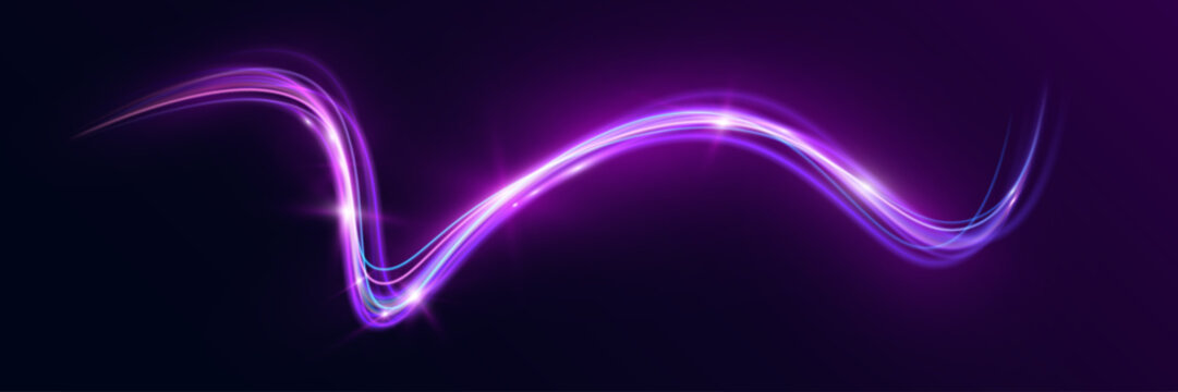Neon glowing curved wave light trails on dark background, purple and blue luminous motion lines, futuristic abstract energy flow design.