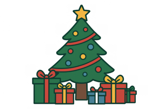 Christmas tree with gifts, representing holiday celebration, present giving, winter season, and festive spirit, transparent background