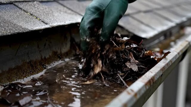 Hand cleaning clogged gutter filled with leaves and rainwater  