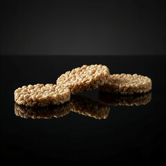Three round cereal treats on a reflective black surface