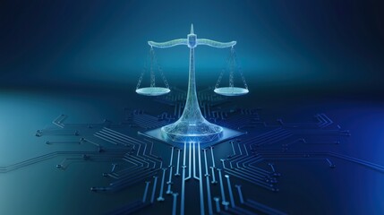 Wireframe Scales of Balance on a Futuristic Circuit Board, Digital Justice and Artificial Intelligence, Glowing Blue Justice Symbol Over Electronic Circuit Board, AI Ethics, Legal Tech, Cybersecurity