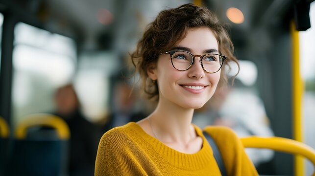Commuters smiling as autonomous electric buses and drones navigate seamlessly, symbolizing smart transportation, urban mobility innovation, and human satisfaction from intelligent city systems.
