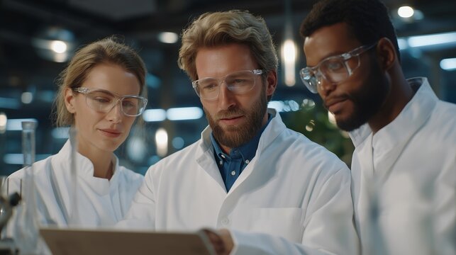 Futuristic chemistry lab with AI orchestrating multi-step experiments under AR supervision, scientists monitoring outcomes, symbolizing intelligent automation, precision research, and - Powered by Adobe