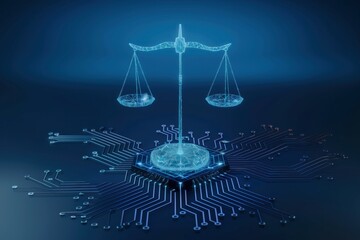 Wireframe Scales of Balance on a Futuristic Circuit Board, Digital Justice and Artificial Intelligence, Glowing Blue Justice Symbol Over Electronic Circuit Board, AI Ethics, Legal Tech, Cybersecurity