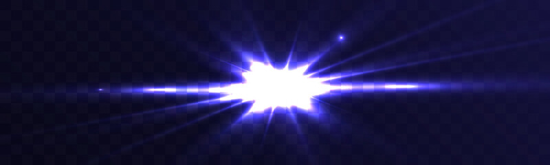 Bright blue glowing light flare burst with horizontal rays on dark transparent background, shining star flash effect, abstract energy illumination design.
