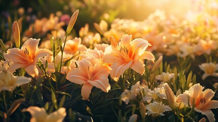 A bed of vibrant daylilies in shades of yellow and orange, basking in the summer sun