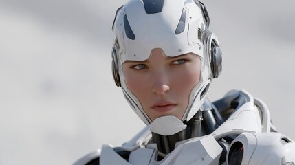 Fototapeta premium Futuristic humanoid robot mirroring human facial micro-expressions in real time, symbolizing emotional synchronization, deep learning algorithms, and the rise of emotionally aware machines.