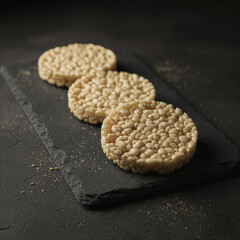 Three round rice cakes arranged on a dark slate surface