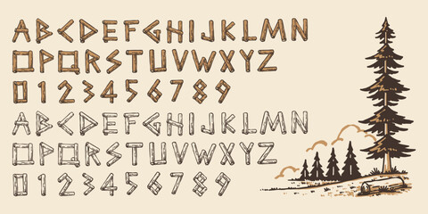 Nature Style Alphabet and Numbers Made of Tree Branches set, Display Font with Pine Tree Illustration © Muhamad