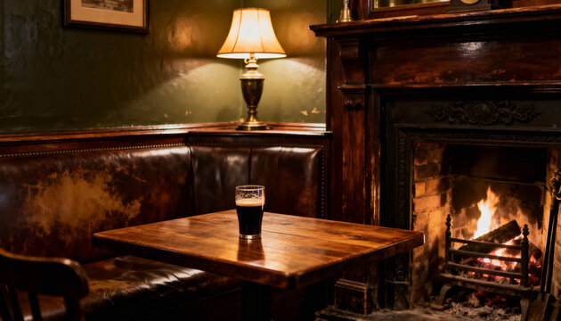 Pint of Stout on a Wooden Table by a Fire in a Traditional Pub